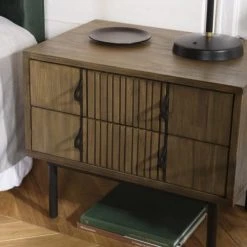 MACABANE Tables De Chevet Chevet 2 Tiroirs Acacia Pieds Métal Noir -Surmatelas Soldes Magasin chevet 2 tiroirs acacia pieds metal noir 2