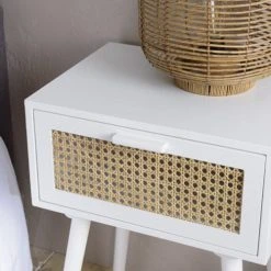 MACABANE Tables De Chevet Chevet Blanc 1 Tiroir Cannage Naturel -Surmatelas Soldes Magasin chevet blanc 1 tiroir cannage naturel 3
