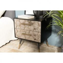 MACABANE Tables De Chevet Chevet Noir 2 Tiroirs En Sapin Marqueté Pieds Métal Doré -Surmatelas Soldes Magasin chevet noir 2 tiroirs en sapin marquete pieds metal dore 3