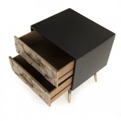 MACABANE Tables De Chevet Chevet Noir 2 Tiroirs En Sapin Marqueté Pieds Métal Doré -Surmatelas Soldes Magasin chevet noir 2 tiroirs en sapin marquete pieds metal dore 4