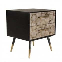 MACABANE Tables De Chevet Chevet Noir 2 Tiroirs En Sapin Marqueté Pieds Métal Doré -Surmatelas Soldes Magasin chevet noir 2 tiroirs en sapin marquete pieds metal dore 5