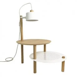 DIZY Design Tables De Chevet Good Is Beautiful Table D'appoint Avec Plateaux Décalés, Lampe En Chêne & Métal Blanc