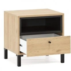 HOMN Tables De Chevet Table De Chevet 1 Tiroir Et 1 Niche, Couleur Bois Et Noire -Surmatelas Soldes Magasin table de chevet 1 tiroir et 1 niche couleur bois et noire 2