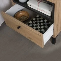 HOMN Tables De Chevet Table De Chevet 1 Tiroir Et 1 Niche, Couleur Bois Et Noire -Surmatelas Soldes Magasin table de chevet 1 tiroir et 1 niche couleur bois et noire 4