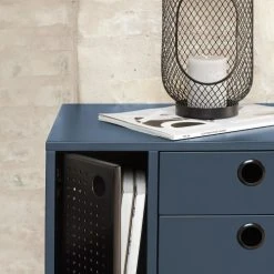 TEULAT Tables De Chevet Table De Chevet 2 Tiroirs Et 1 Porte En En Bleu Foncé Et Noir -Surmatelas Soldes Magasin table de chevet 2 tiroirs et 1 porte en en bleu fonce et noir 2