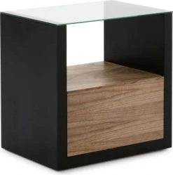 Thai Natura Tables De Chevet Table De Chevet En Bois Clair Et Noir Plateau En Verre -Surmatelas Soldes Magasin table de chevet en bois clair et noir plateau en verre 4