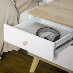 Homcom Tables De Chevet Table De Chevet Style Scandinave 2 Tiroirs Blanc Aspect Chêne Clair -Surmatelas Soldes Magasin table de chevet style scandinave 2 tiroirs blanc aspect chene clair 4